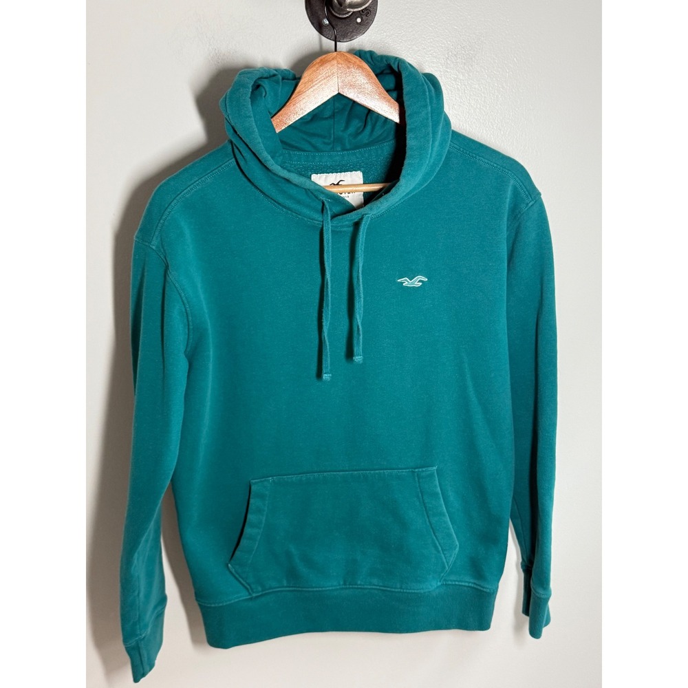 Hollister Mens Small Teal Green Pullover Hoodie Fleece Seagull Logo Sweatshirt